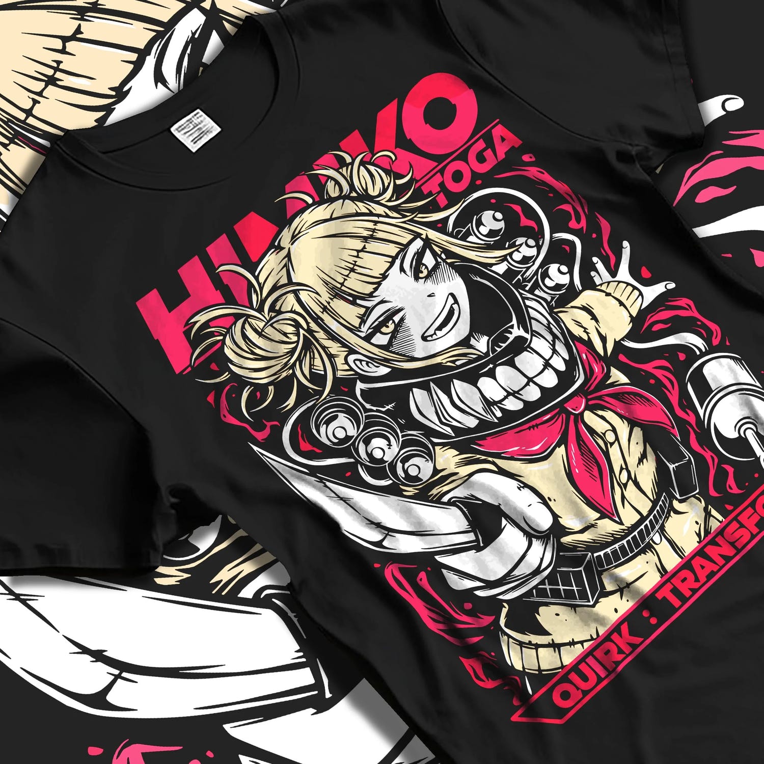 Black T-shirt laid flat with natural folds with My Hero Academia Hoodie Himiko Toga Villain Jumper graphic bold anime graphic.