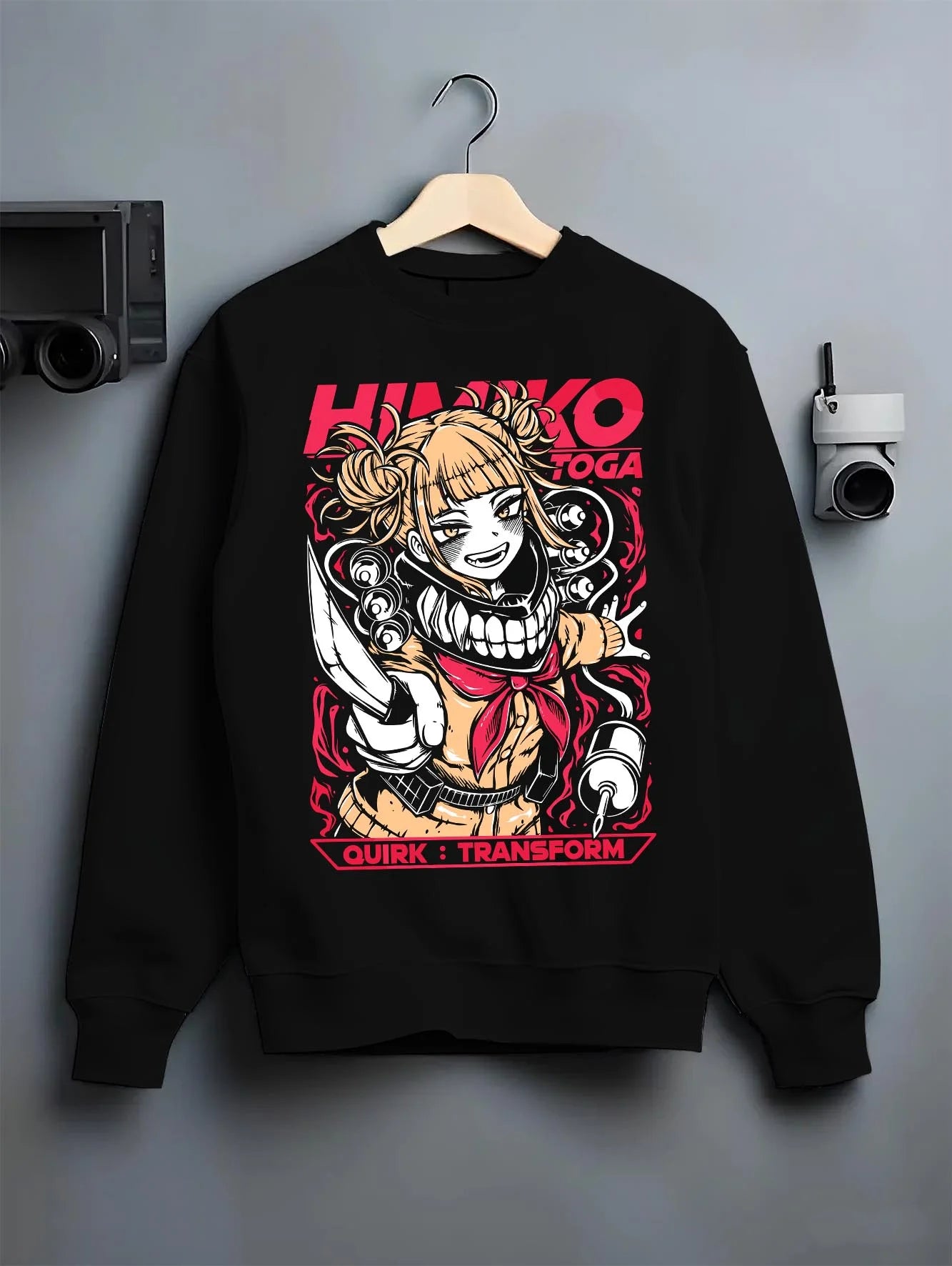 Black crewneck sweatshirt on hanger with My Hero Academia Hoodie Himiko Toga Villain Jumper graphic streetwear graphic.