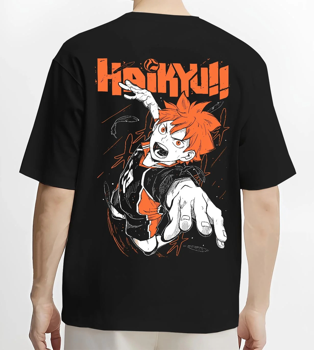 Black T-shirt worn by male model, back view with Haikyuu Hoodie Shoyo Hinata Lightning Jump Jumper graphic premium wear.