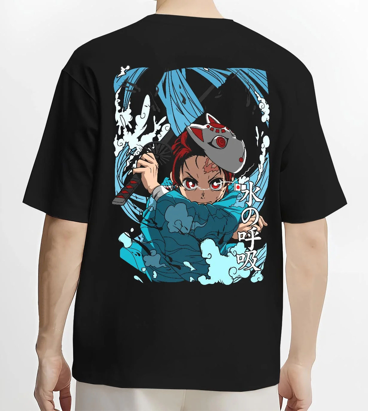 Black T-shirt worn by male model from the back featuring Tanjiro Hinokami flame and water breathing artwork.