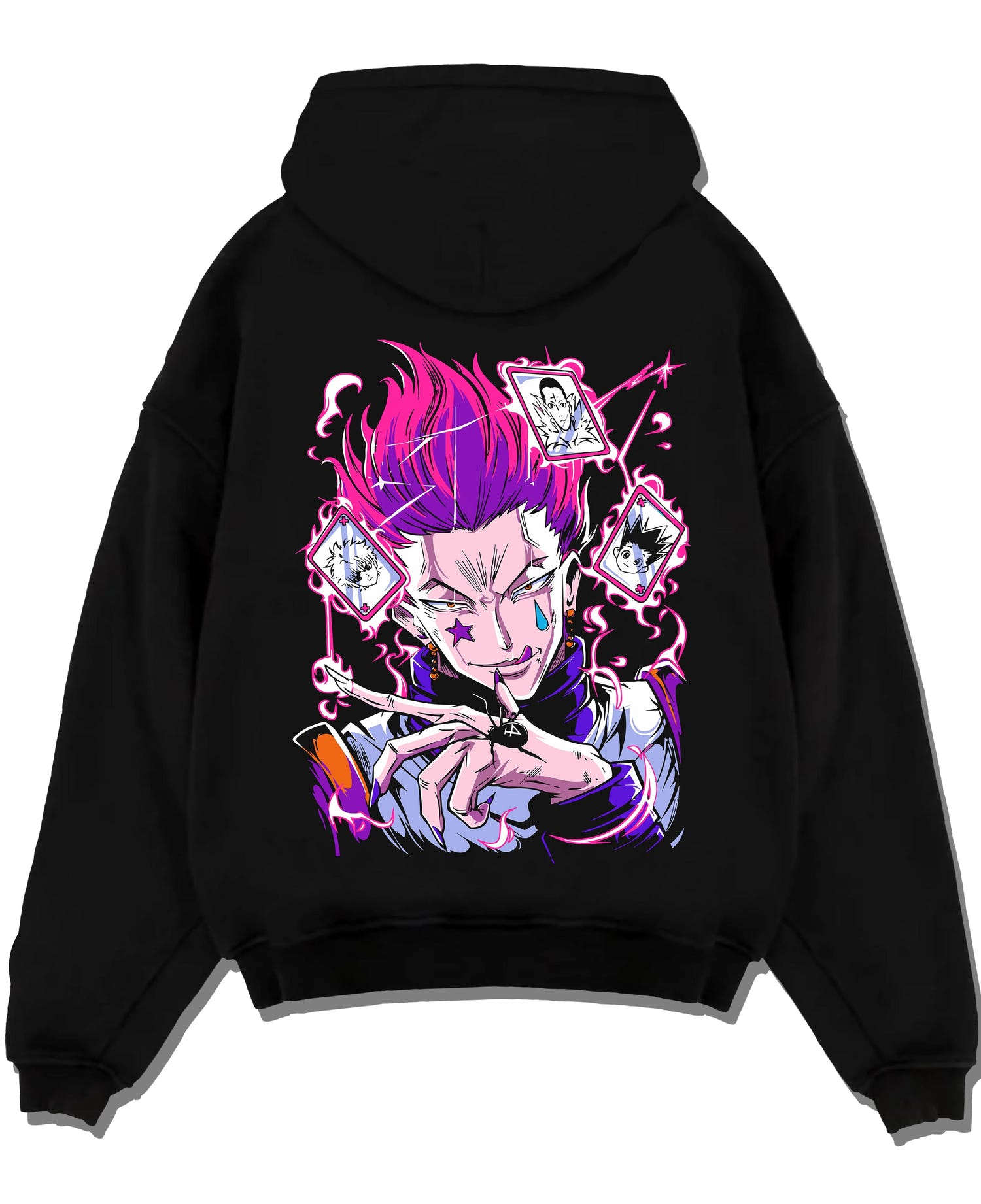 Black pullover hoodie laid flat with Hunter x Hunter Hoodie Hisoka Card Trick Jumper graphic bold anime graphic.