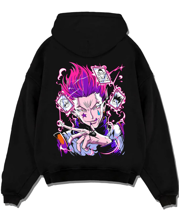 Black pullover hoodie laid flat with Hunter x Hunter Hoodie Hisoka Card Trick Jumper graphic bold anime graphic.