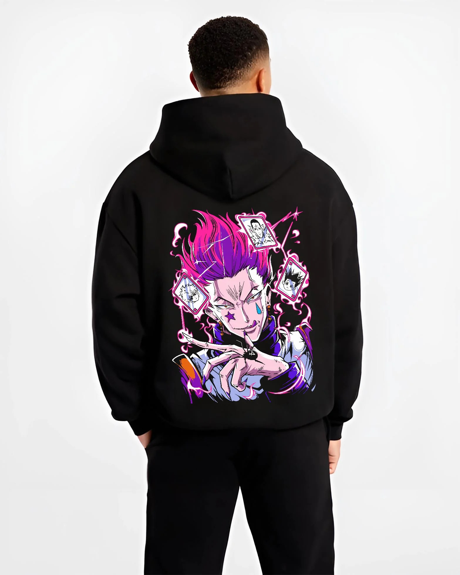 Black hoodie worn by male model, back view with Hunter x Hunter Hoodie Hisoka Card Trick Jumper graphic streetwear graphic.