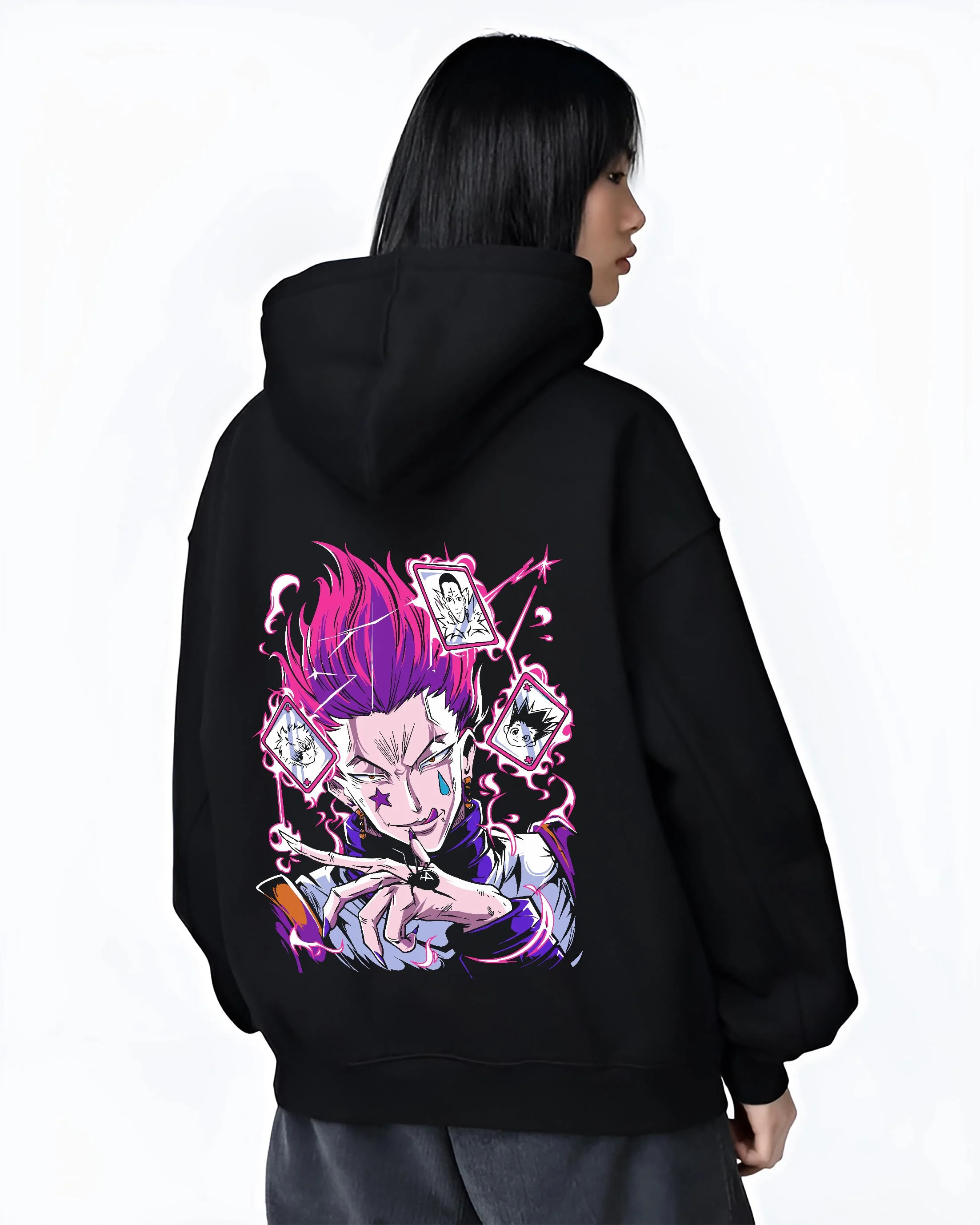 Black hoodie worn by female model, back view with Hunter x Hunter Hoodie Hisoka Card Trick Jumper graphic premium wear.