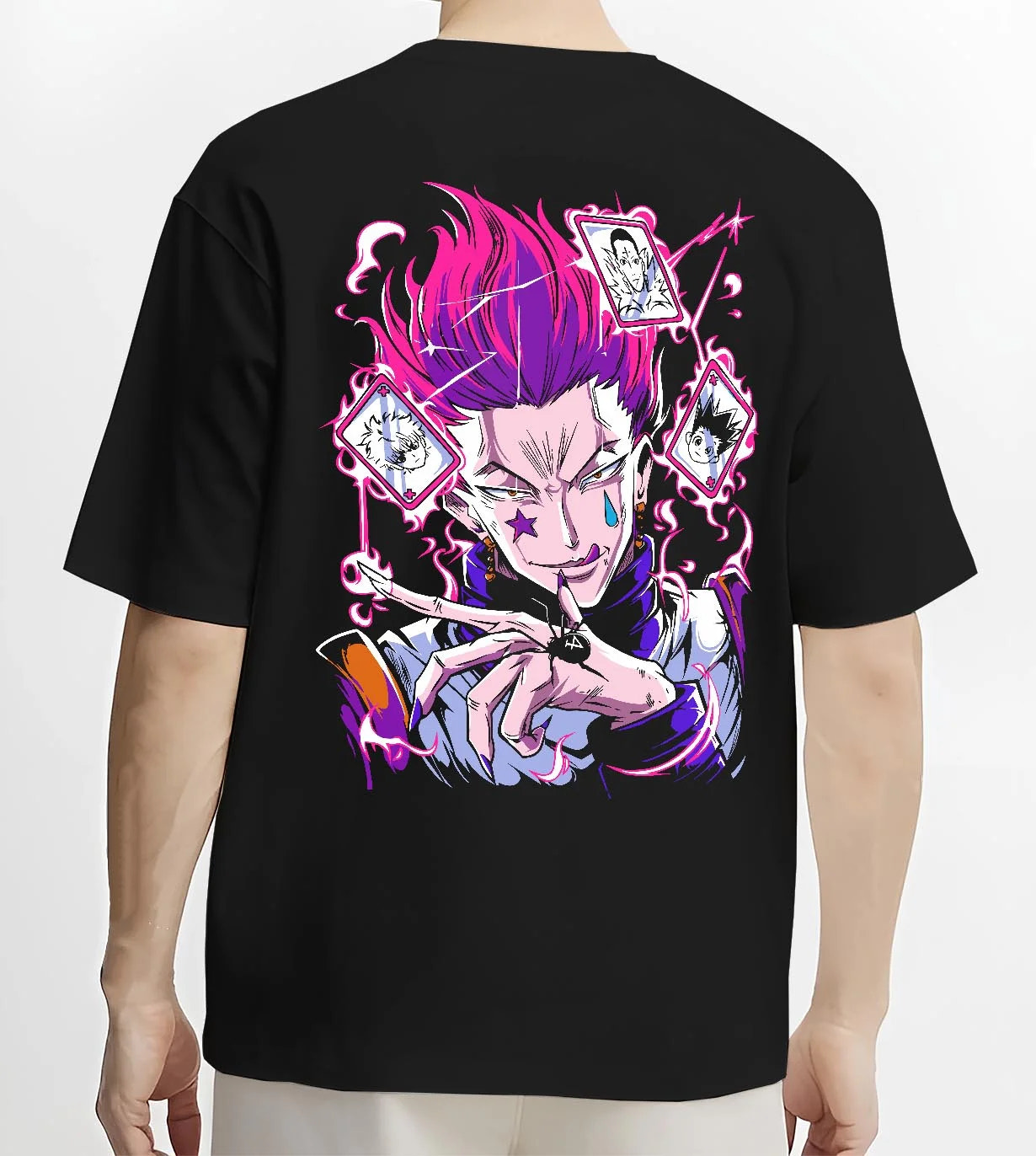 Black T-shirt worn by male model, back view with Hunter x Hunter Hoodie Hisoka Card Trick Jumper graphic bold anime graphic.