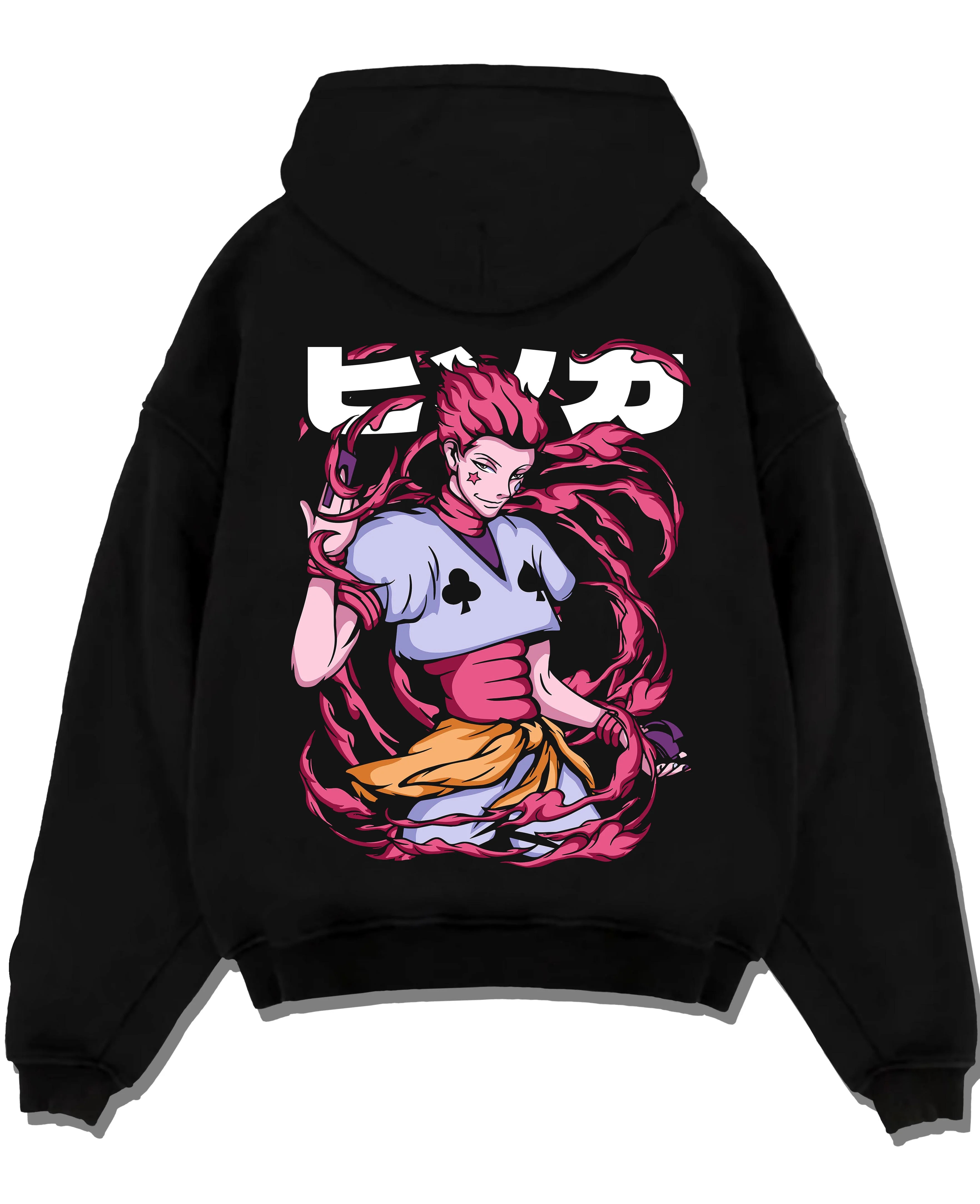 Black pullover hoodie laid flat with Hunter x Hunter Hoodie Hisoka Deadly Clown Jumper graphic premium wear.