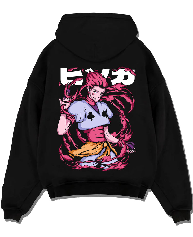 Black pullover hoodie laid flat with Hunter x Hunter Hoodie Hisoka Deadly Clown Jumper graphic premium wear.