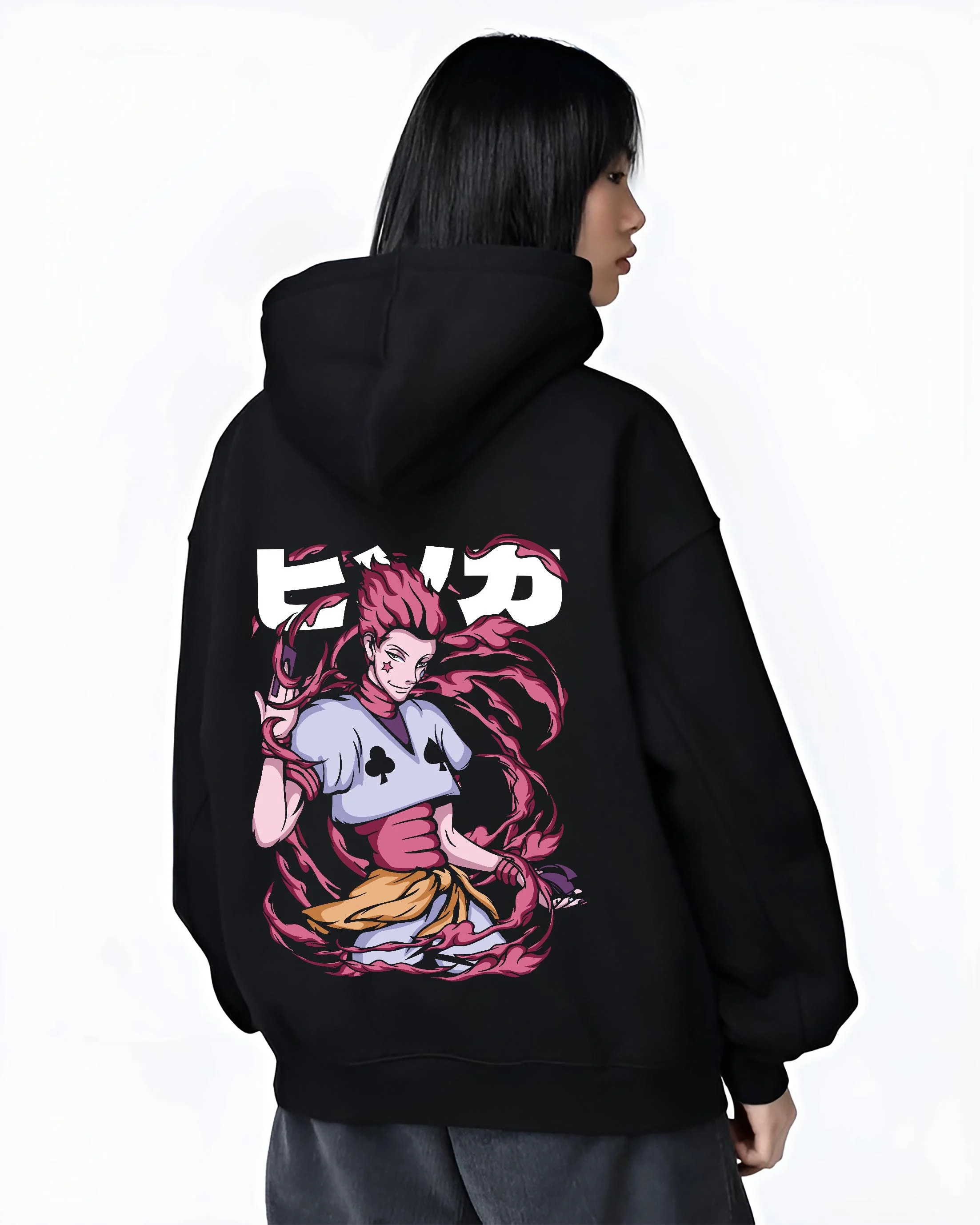 Black hoodie worn by female model, back view with Hunter x Hunter Hoodie Hisoka Deadly Clown Jumper graphic streetwear graphic.