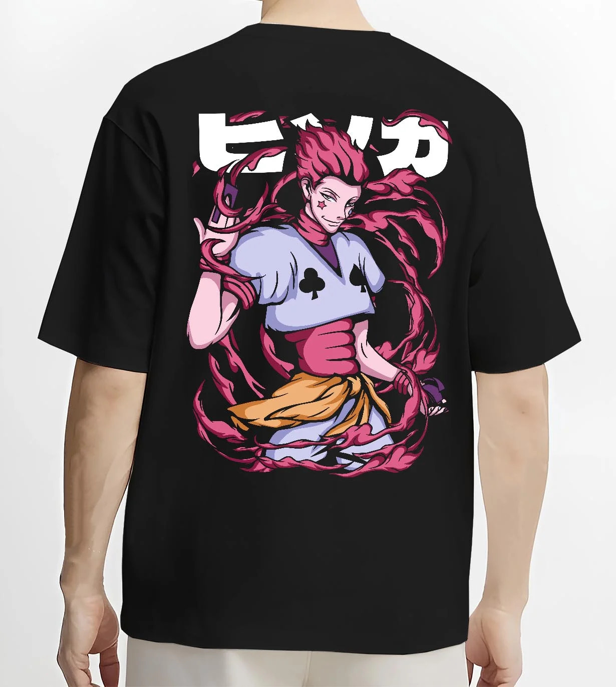 Black T-shirt worn by male model, back view with Hunter x Hunter Hoodie Hisoka Deadly Clown Jumper graphic premium wear.