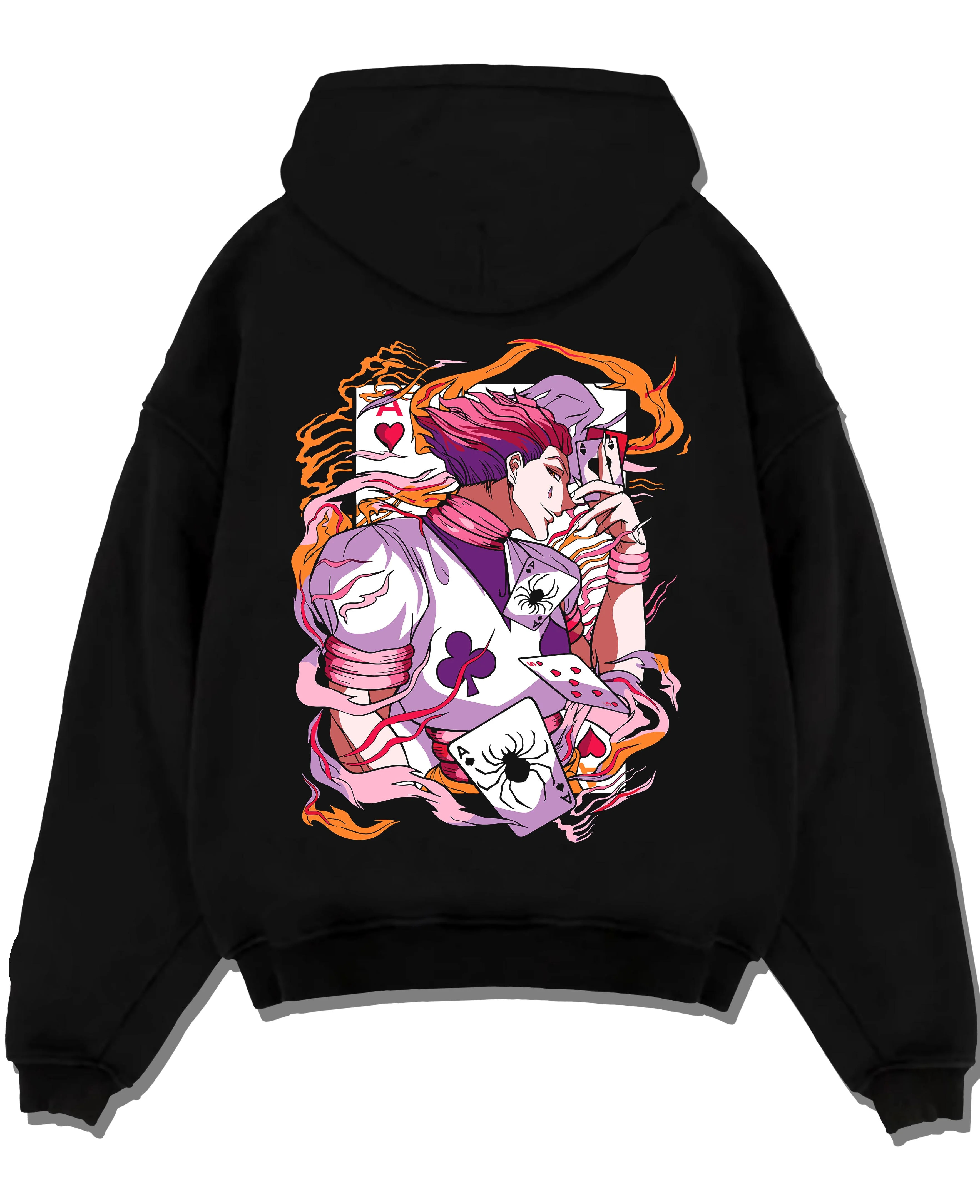 Black pullover hoodie laid flat with Hunter x Hunter Hoodie Hisoka Joker Playing Card Jumper graphic bold anime graphic.