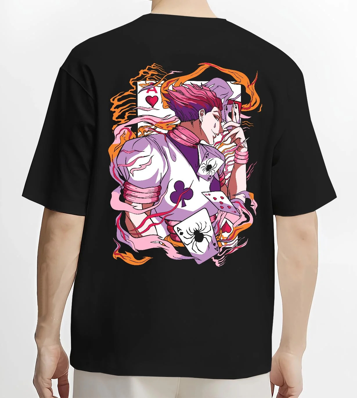 Black T-shirt worn by male model, back view with Hunter x Hunter Hoodie Hisoka Joker Playing Card Jumper graphic premium wear.