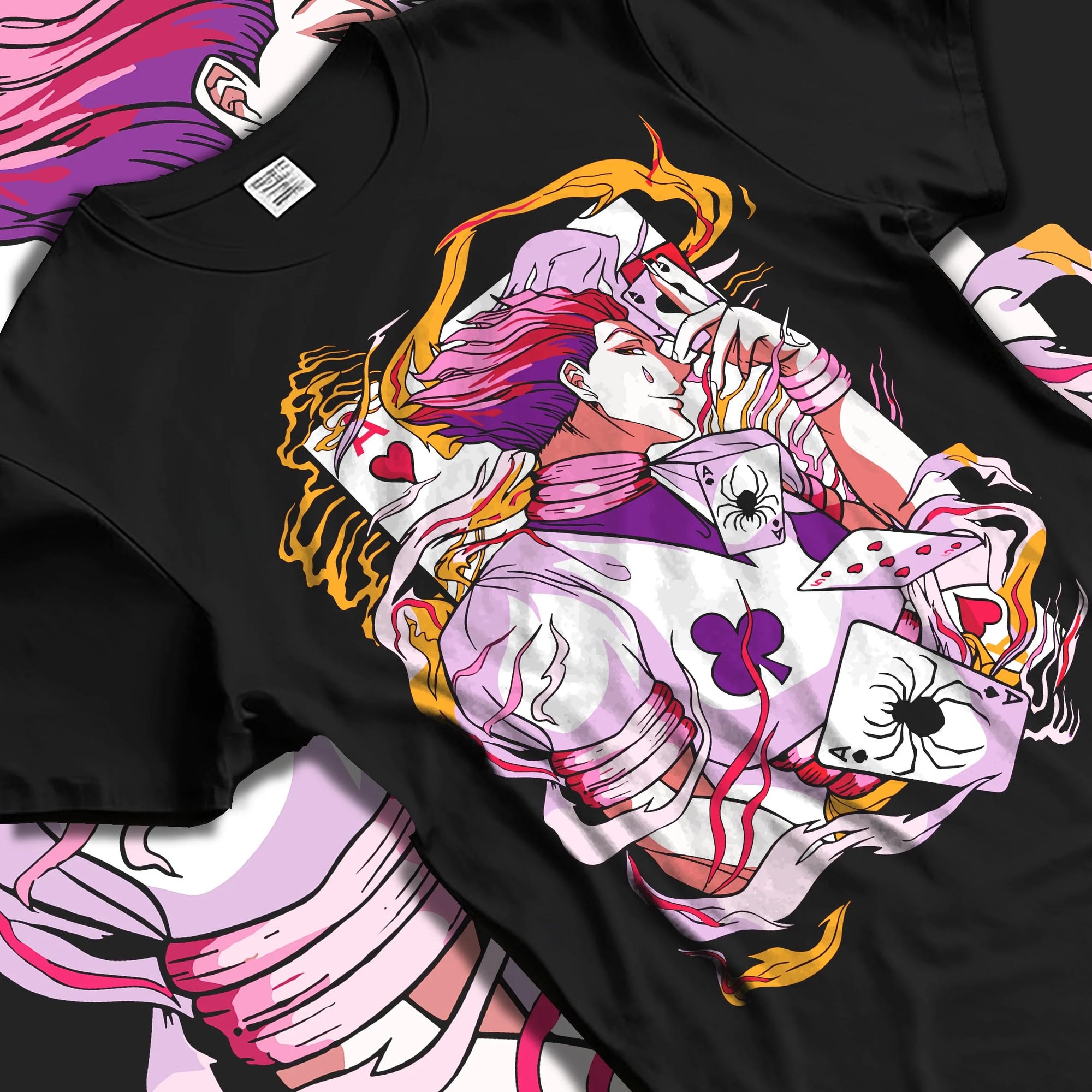 Black T-shirt laid flat with natural folds with Hunter x Hunter Hoodie Hisoka Joker Playing Card Jumper graphic streetwear graphic.