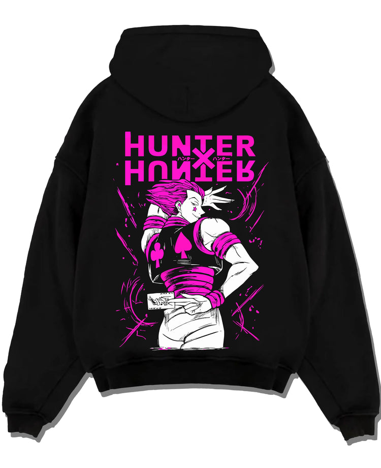 Black pullover hoodie laid flat with Hunter x Hunter Hoodie Hisoka Menacing Stance Jumper graphic premium wear.