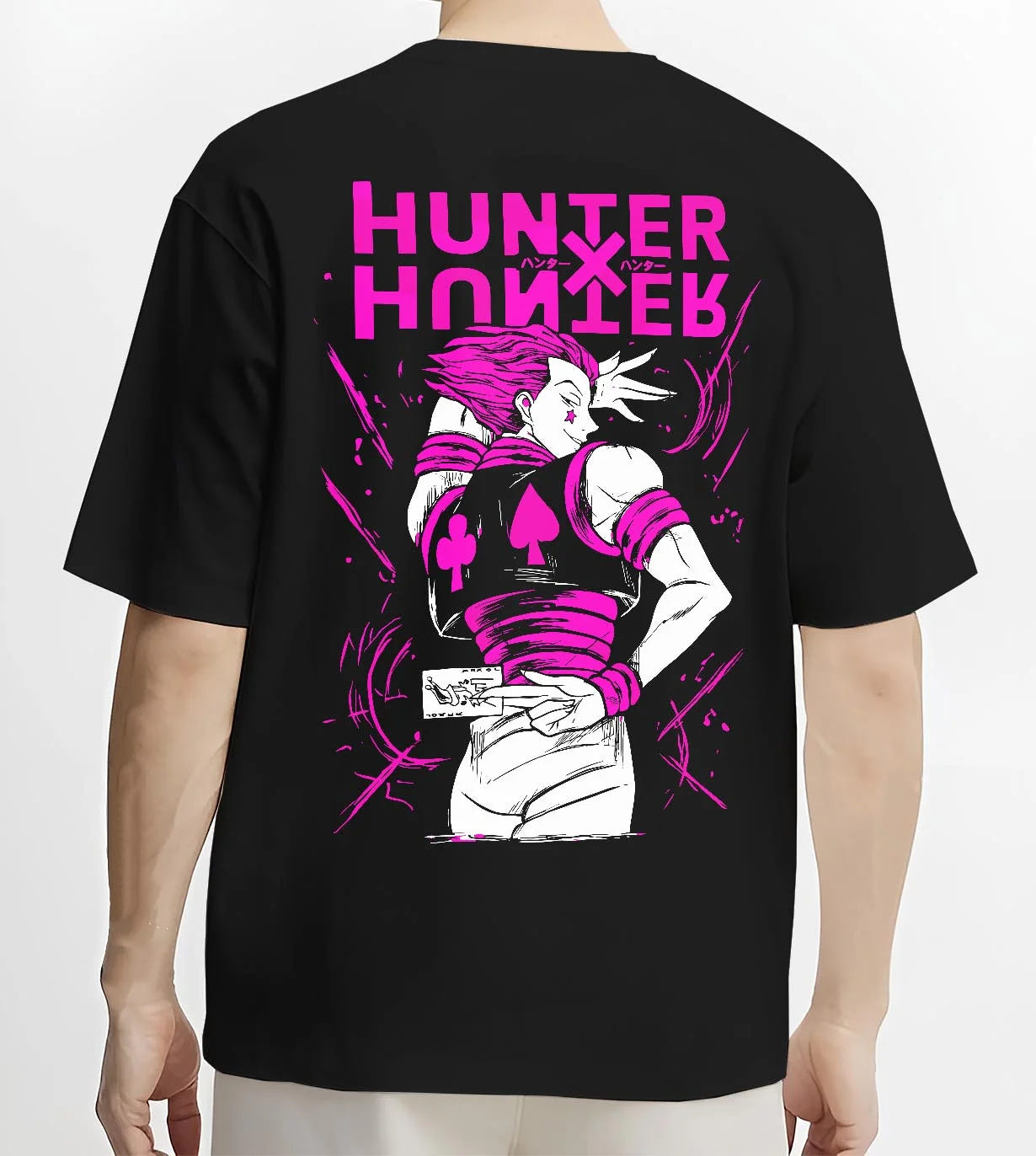 Black T-shirt worn by male model, back view with Hunter x Hunter Hoodie Hisoka Menacing Stance Jumper graphic premium wear.