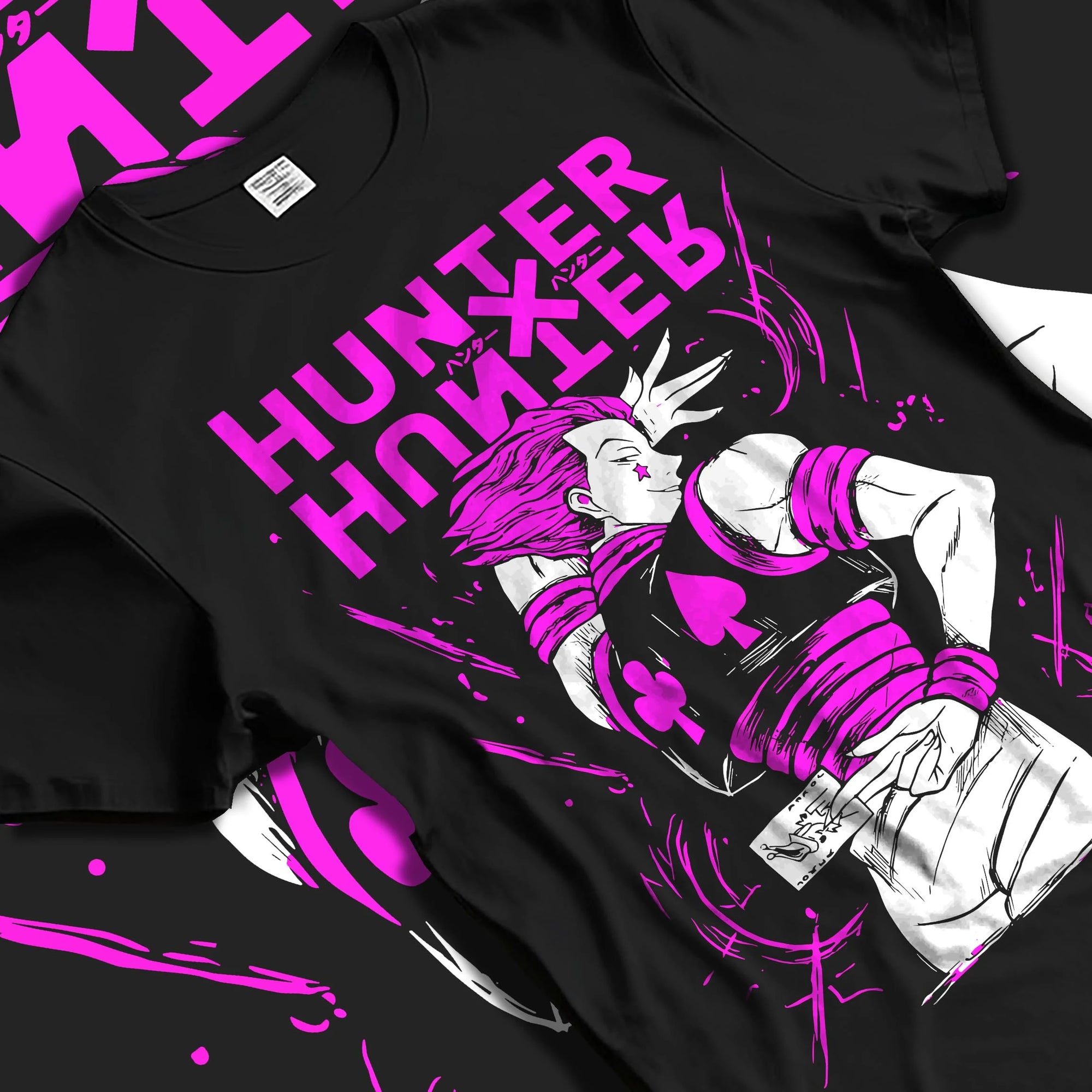 Black T-shirt laid flat with natural folds with Hunter x Hunter Hoodie Hisoka Menacing Stance Jumper graphic Hisoka anime design.