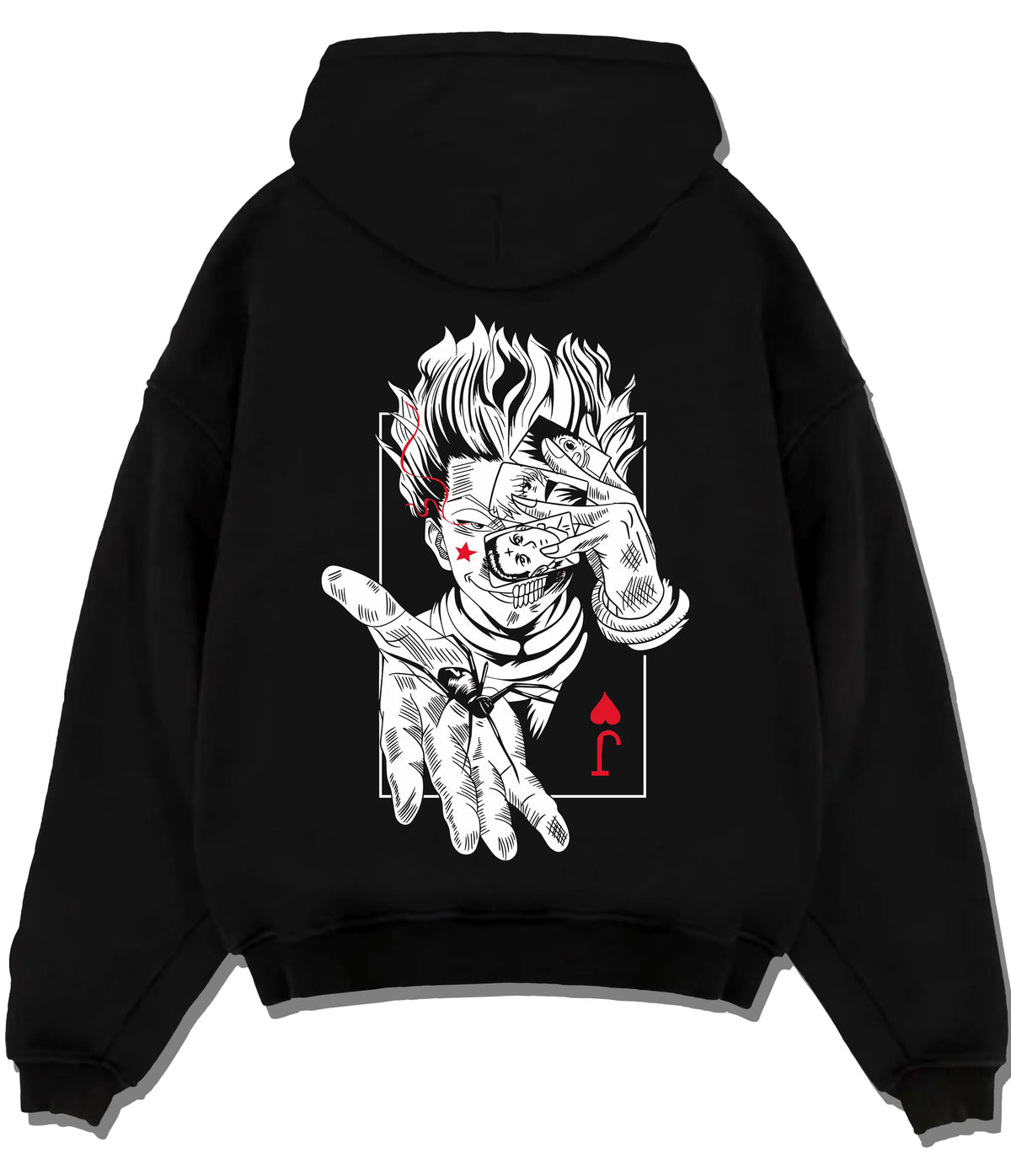 Black hoodie flat back view showing Hisoka Morow from Hunter x Hunter: playing-card illusionist