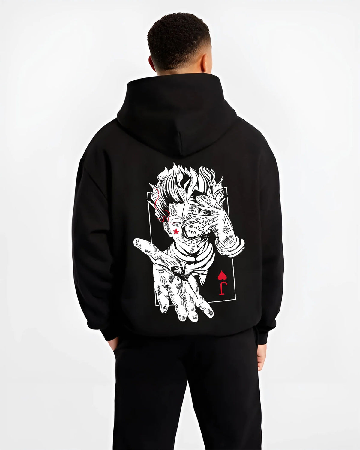 Black hoodie model back view showing Hisoka Morow from Hunter x Hunter: playing-card illusionist
