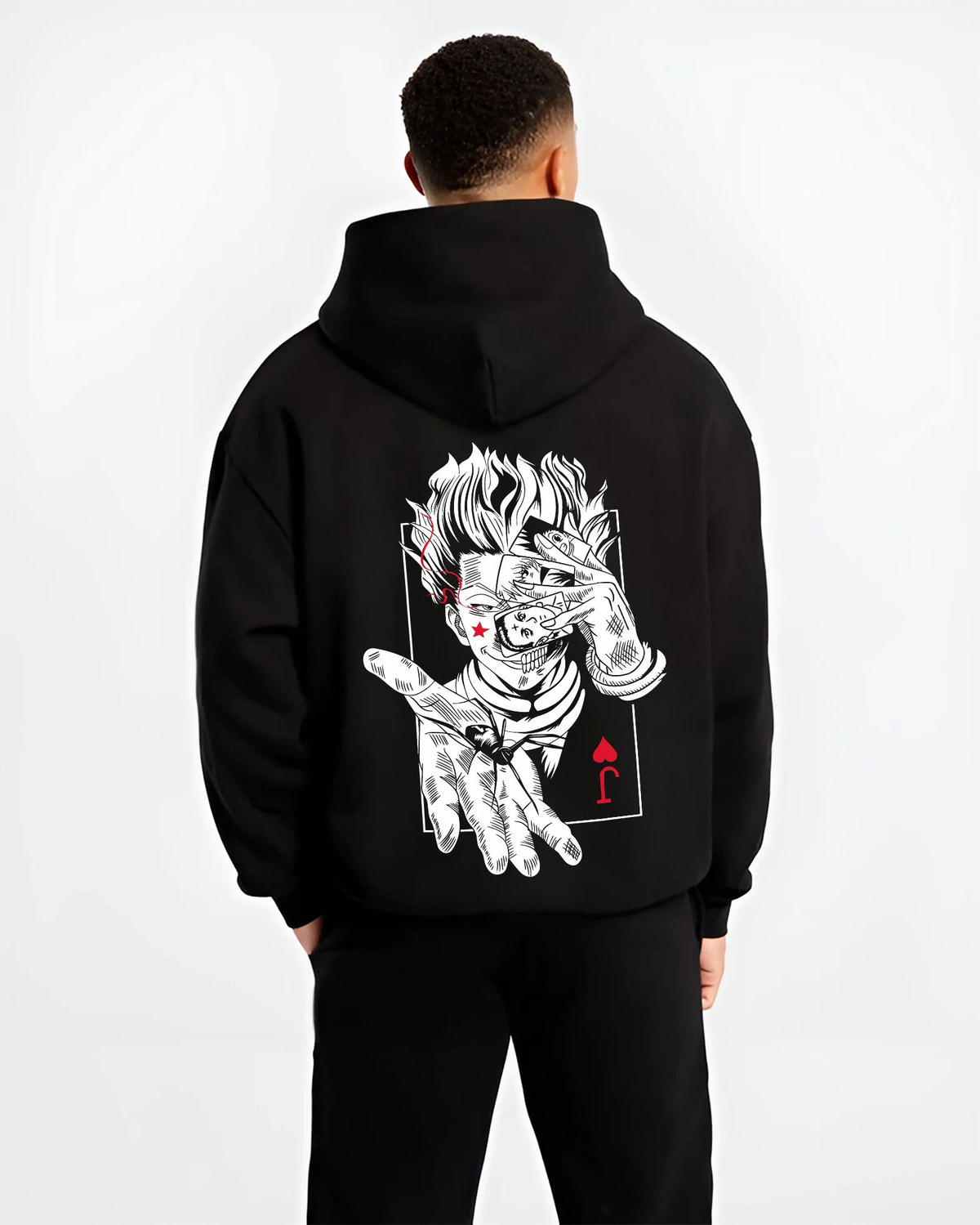 Black hoodie model back view showing Hisoka Morow from Hunter x Hunter: playing-card illusionist
