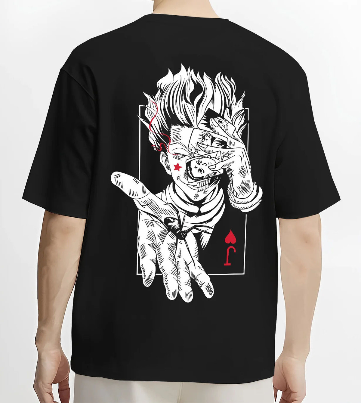 Black T-shirt model back view showing Hisoka Morow from Hunter x Hunter: playing-card illusionist