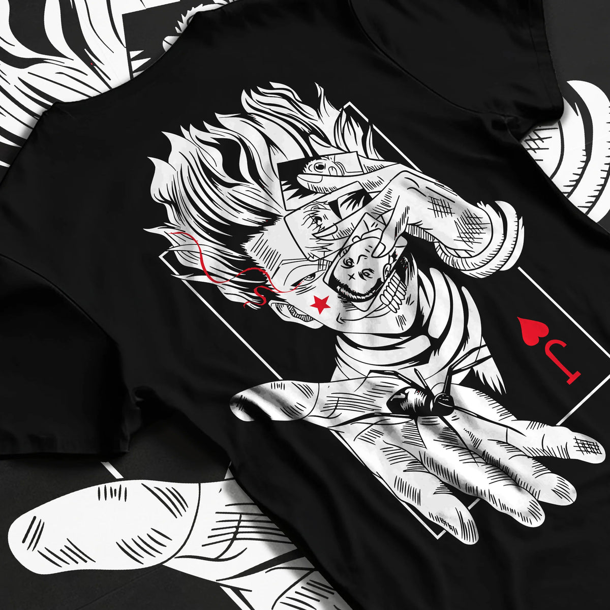 Black T-shirt flat back view showing Hisoka Morow from Hunter x Hunter: playing-card illusionist