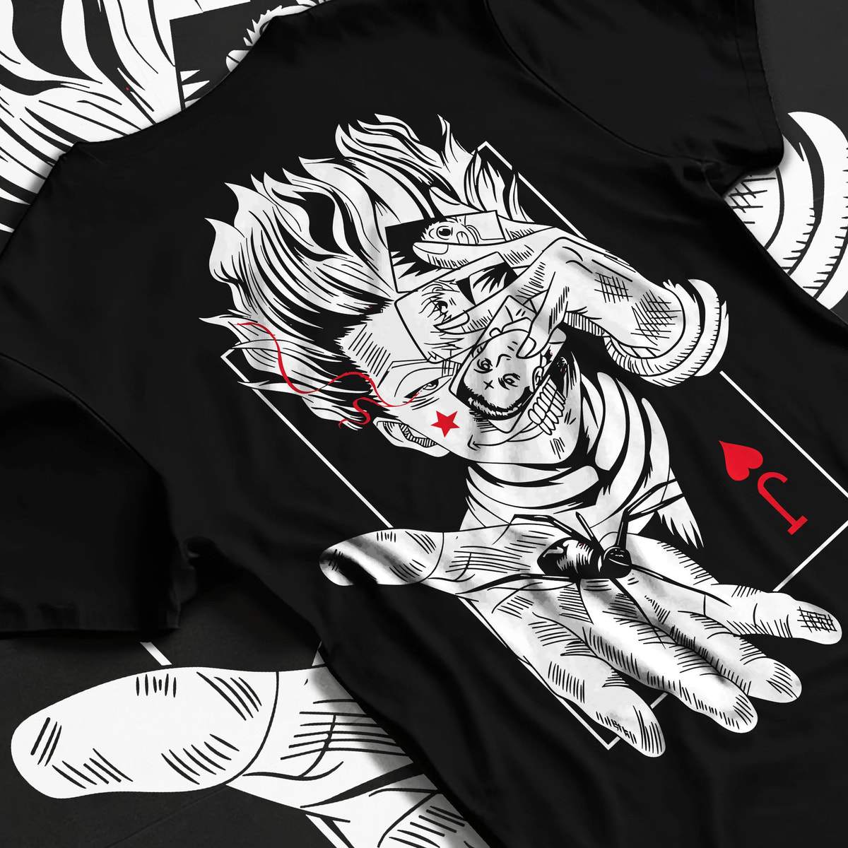Black T-shirt flat back view showing Hisoka Morow from Hunter x Hunter: playing-card illusionist
