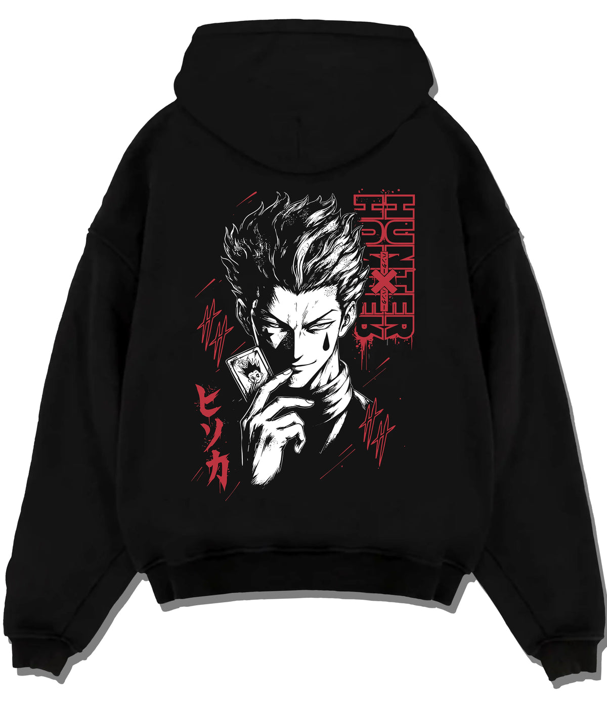 Black hoodie flat back view showing Hisoka Morow from Hunter x Hunter: dark stylised portrait