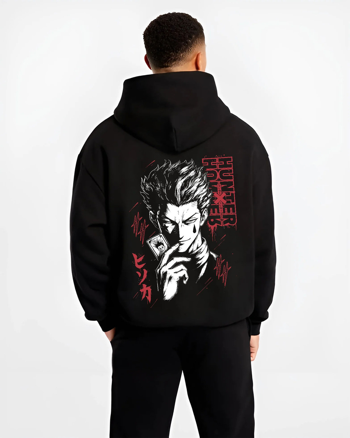 Black hoodie model back view showing Hisoka Morow from Hunter x Hunter: dark stylised portrait
