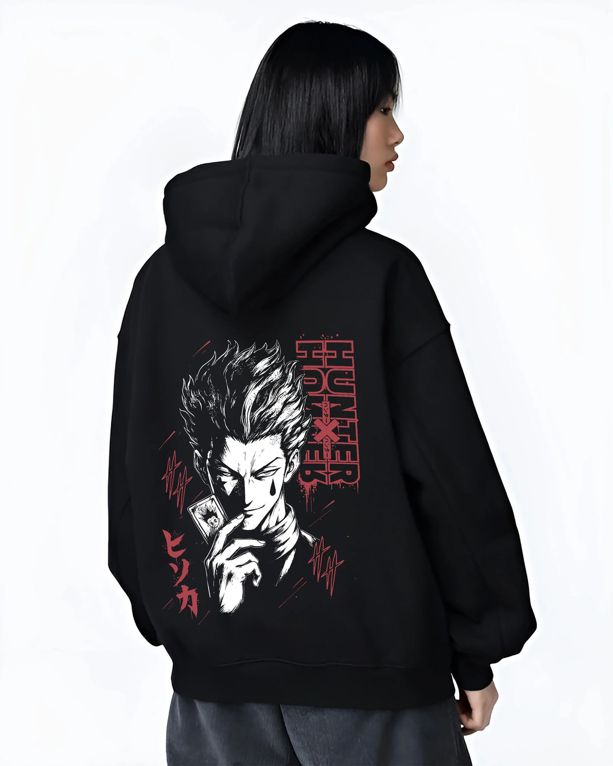 Black hoodie female model back view showing Hisoka Morow from Hunter x Hunter: dark stylised portrait