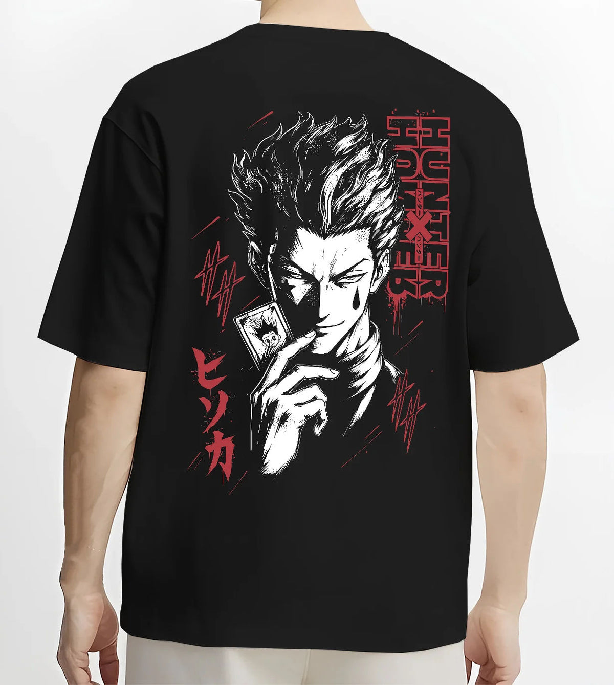 Black T-shirt model back view showing Hisoka Morow from Hunter x Hunter: dark stylised portrait