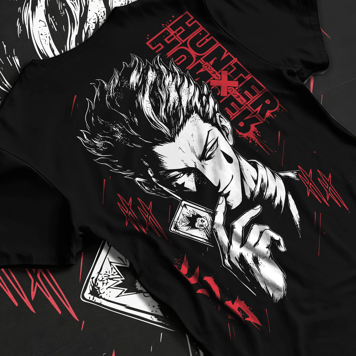 Black T-shirt flat back view showing Hisoka Morow from Hunter x Hunter: dark stylised portrait