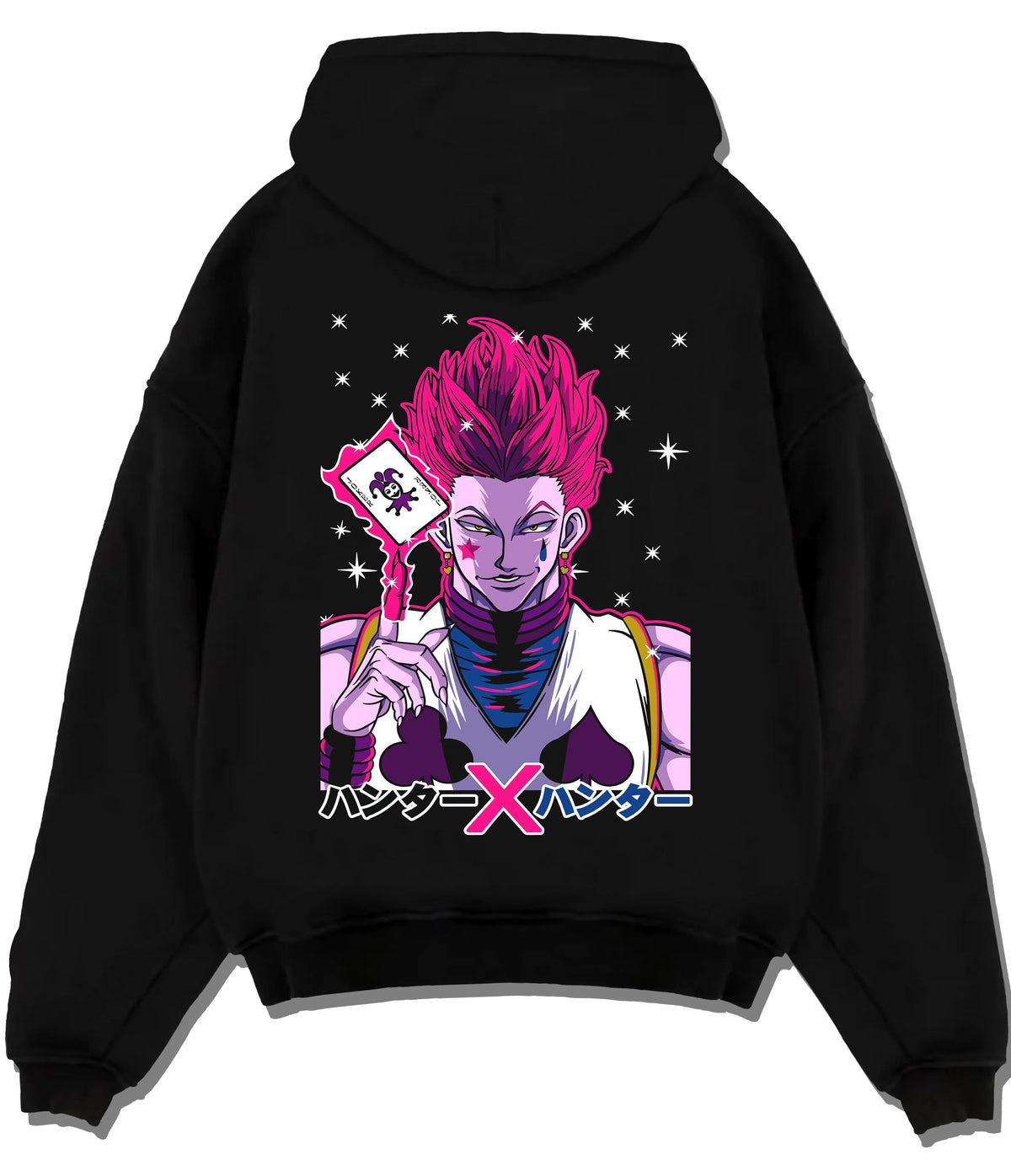 Black hoodie flat back view showing Hisoka Morow from Hunter x Hunter: playing-card portrait