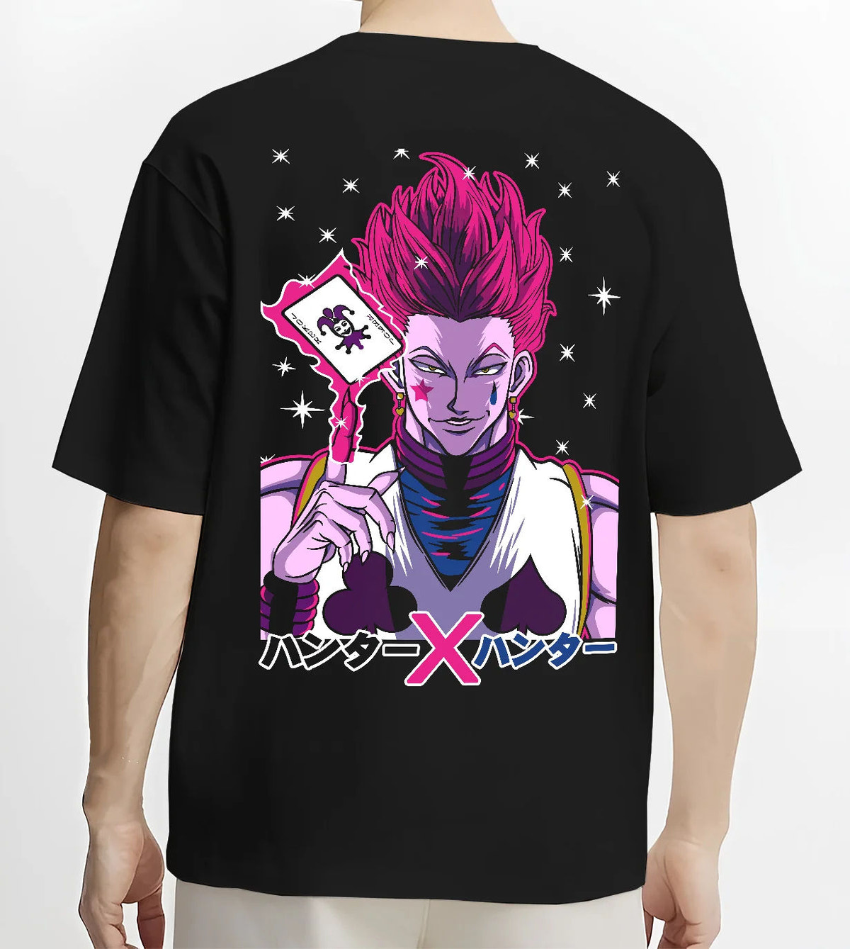 Black T-shirt model back view showing Hisoka Morow from Hunter x Hunter: playing-card portrait