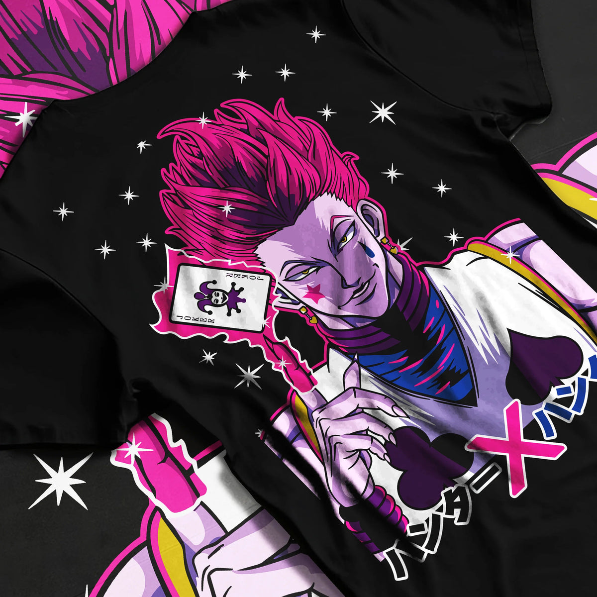 Black T-shirt flat back view showing Hisoka Morow from Hunter x Hunter: playing-card portrait