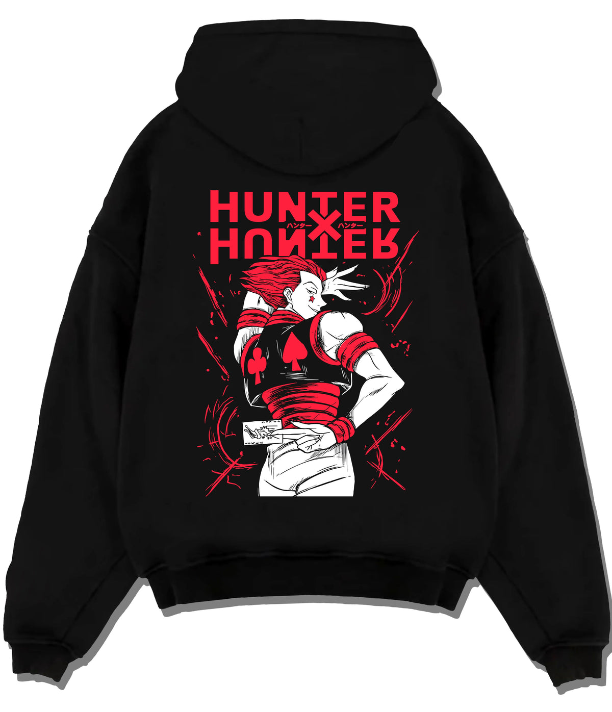 Black hoodie flat back view showing Hisoka Morow from Hunter x Hunter: red-black outfit