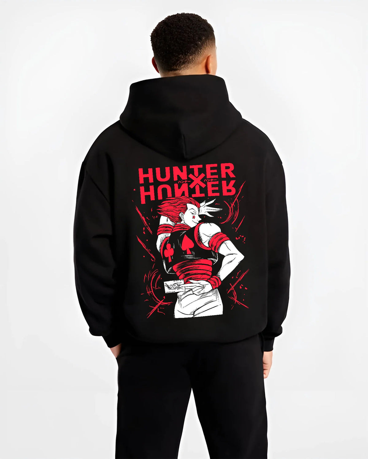 Black hoodie model back view showing Hisoka Morow from Hunter x Hunter: red-black outfit