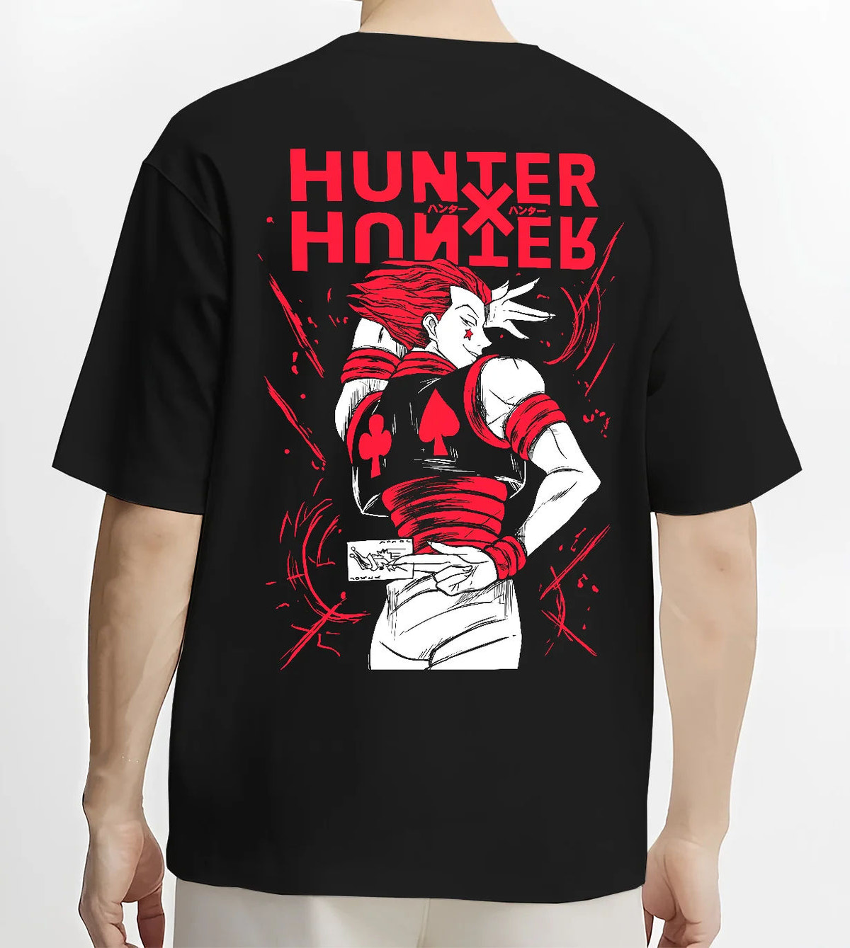 Black T-shirt model back view showing Hisoka Morow from Hunter x Hunter: red-black outfit