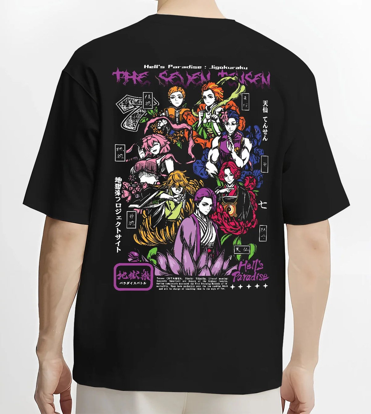 Black T-shirt model back view showing Hisoka Morow from Hunter x Hunter: Hunter x Hunter manga collage