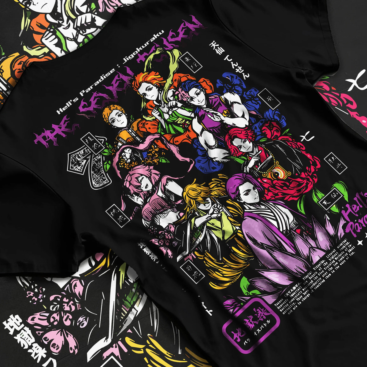 Black T-shirt flat back view showing Hisoka Morow from Hunter x Hunter: Hunter x Hunter manga collage