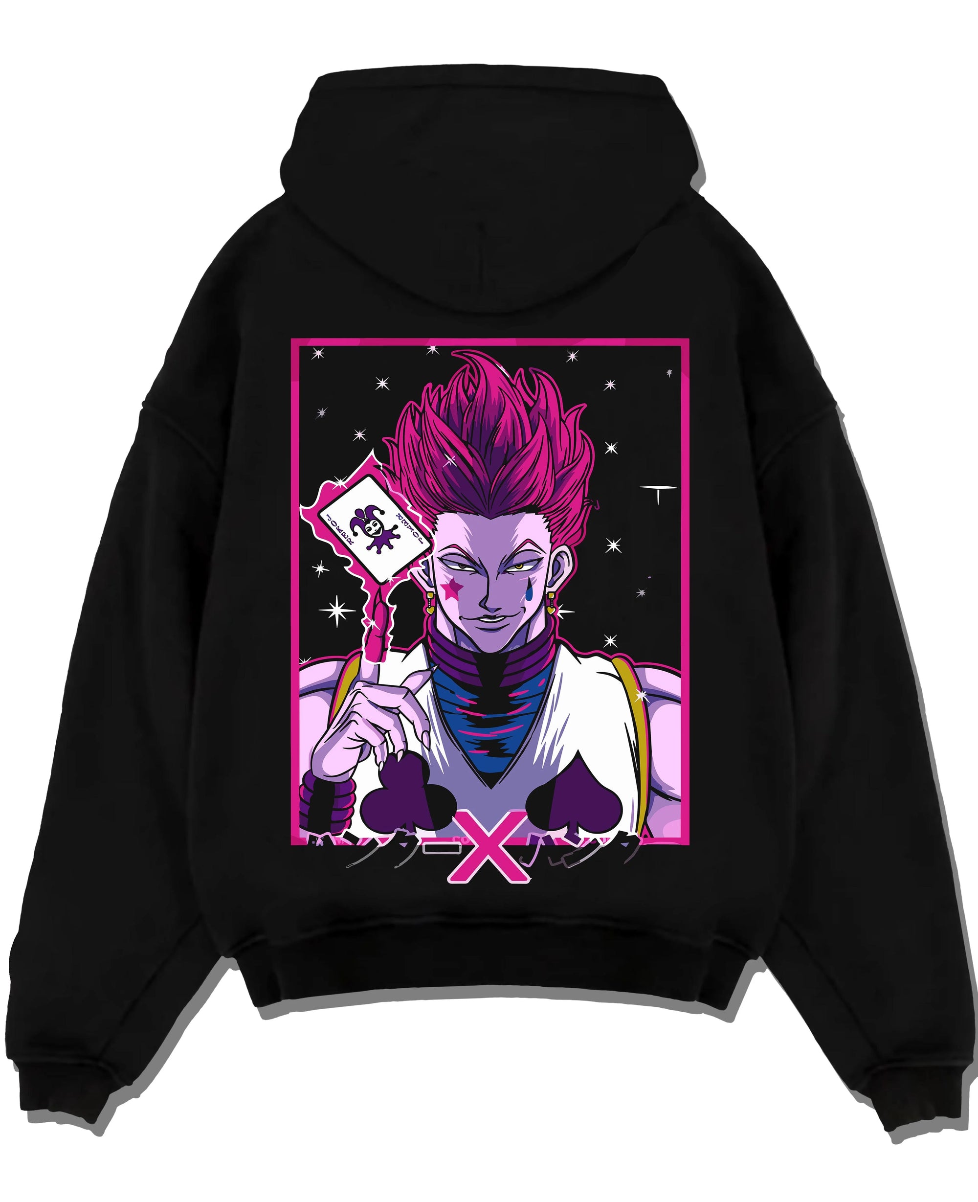 Black pullover hoodie laid flat with Hunter x Hunter Hoodie Hisoka Phantom Troupe Jumper graphic Hisoka anime design.
