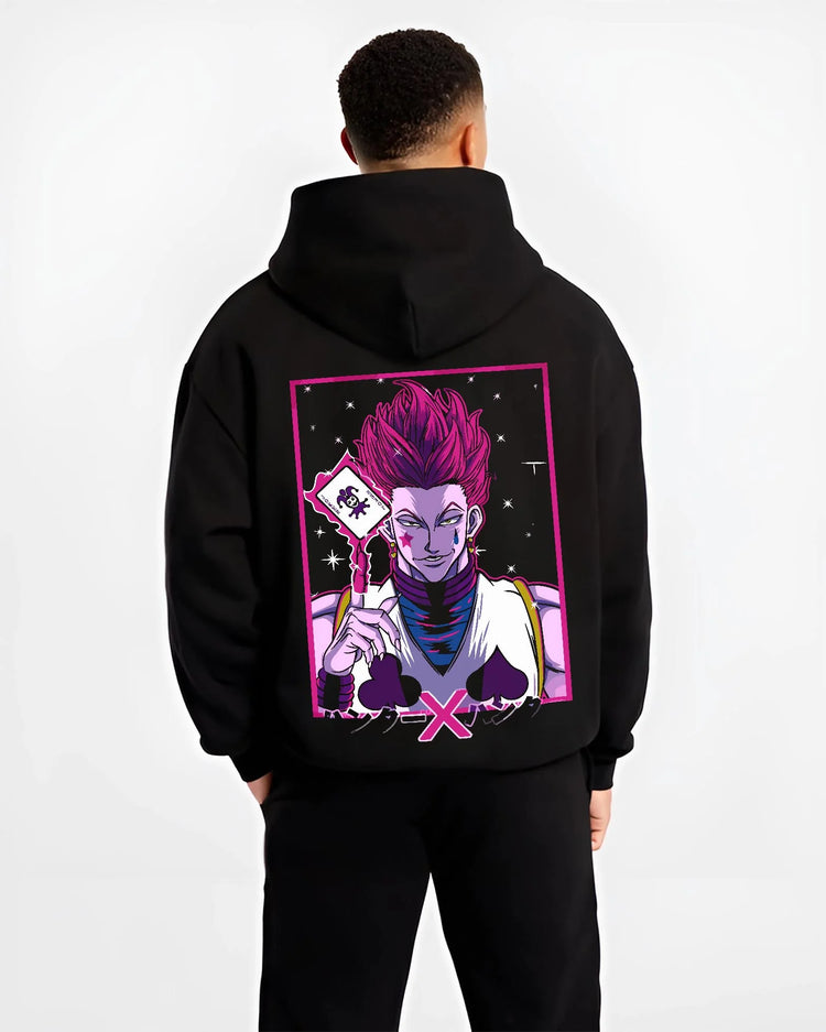 Black hoodie worn by male model, back view with Hunter x Hunter Hoodie Hisoka Phantom Troupe Jumper graphic Hisoka anime design.