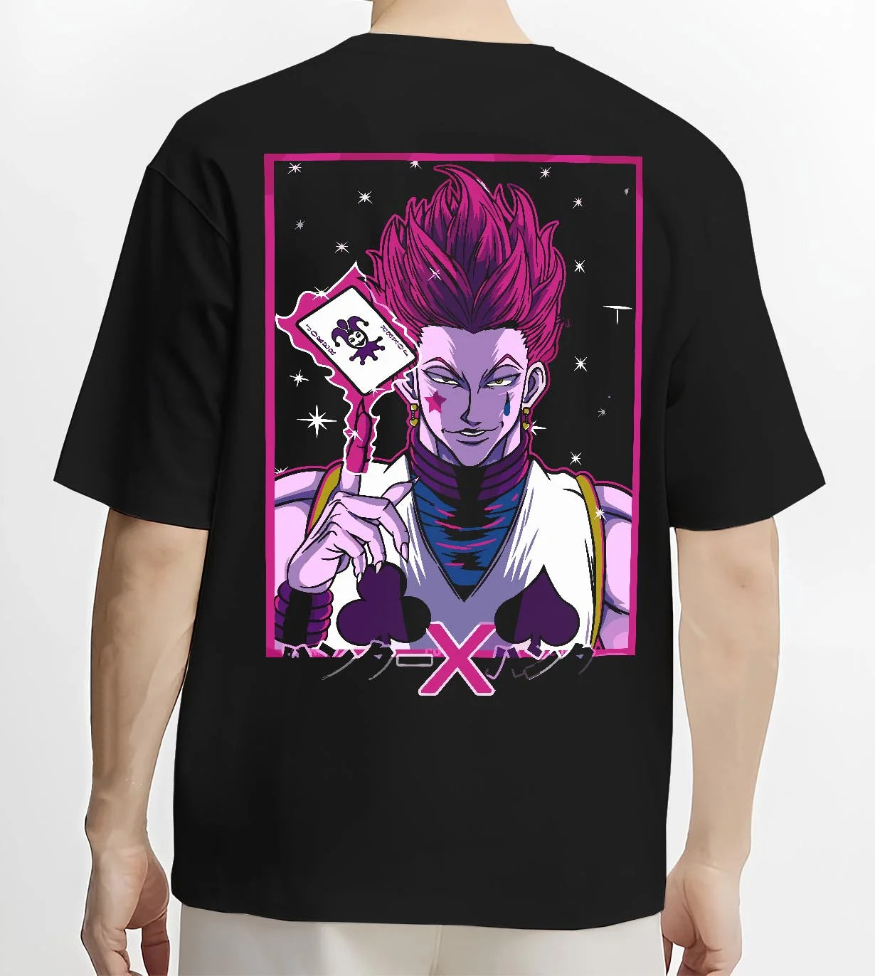 Black T-shirt worn by male model, back view with Hunter x Hunter Hoodie Hisoka Phantom Troupe Jumper graphic streetwear graphic.