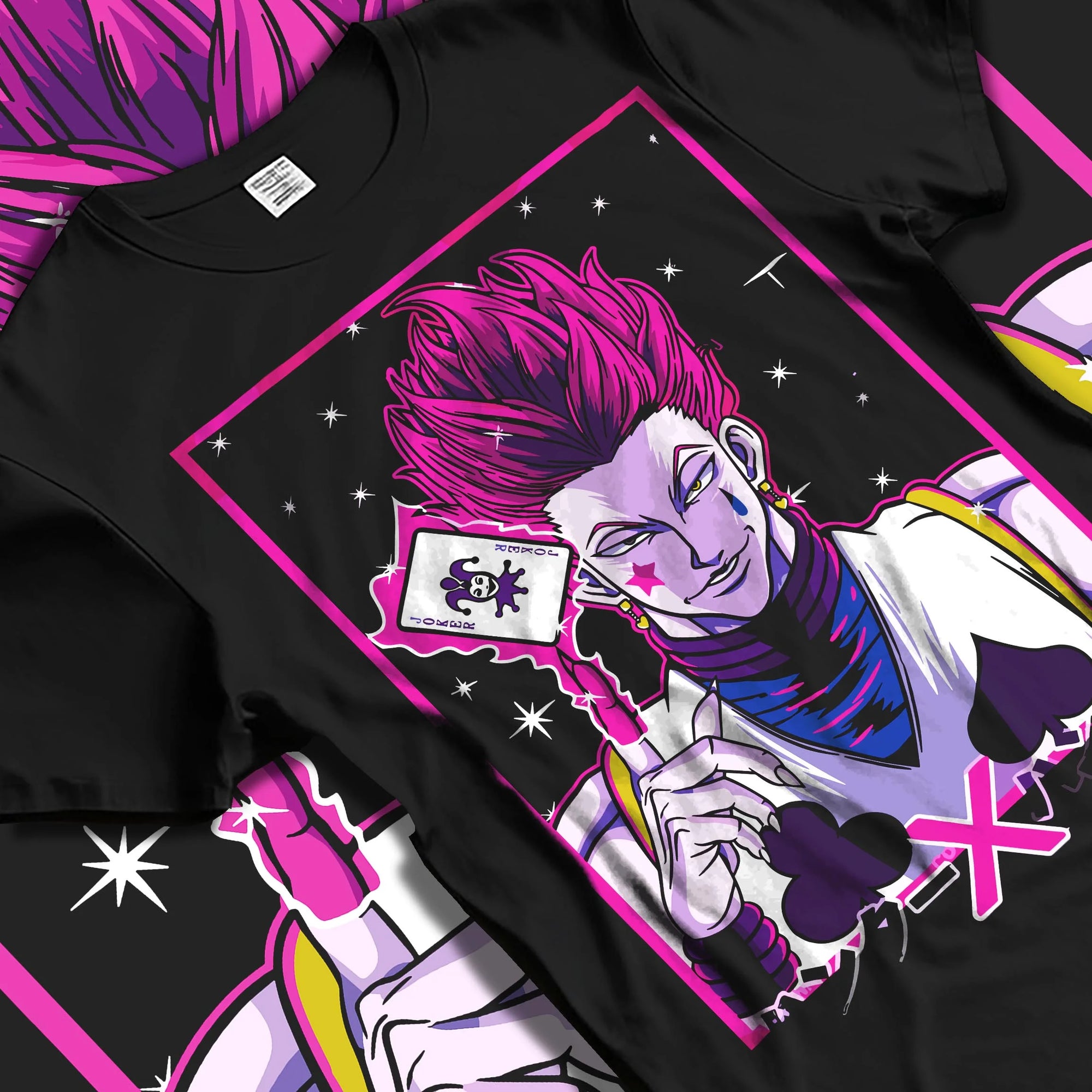 Black T-shirt laid flat with natural folds with Hunter x Hunter Hoodie Hisoka Phantom Troupe Jumper graphic Hisoka anime design.