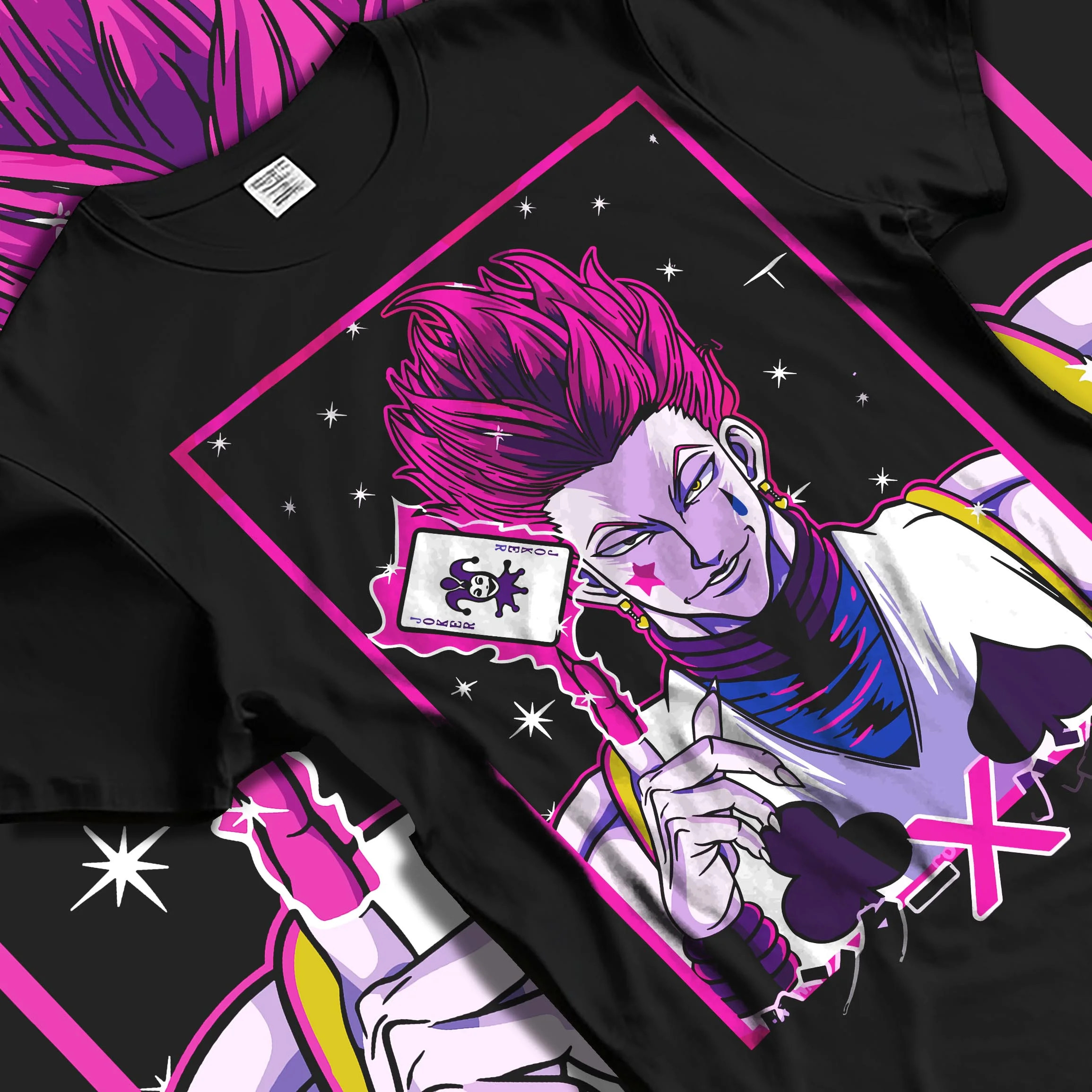 Black T-shirt laid flat with natural folds with Hunter x Hunter Hoodie Hisoka Phantom Troupe Jumper graphic Hisoka anime design.