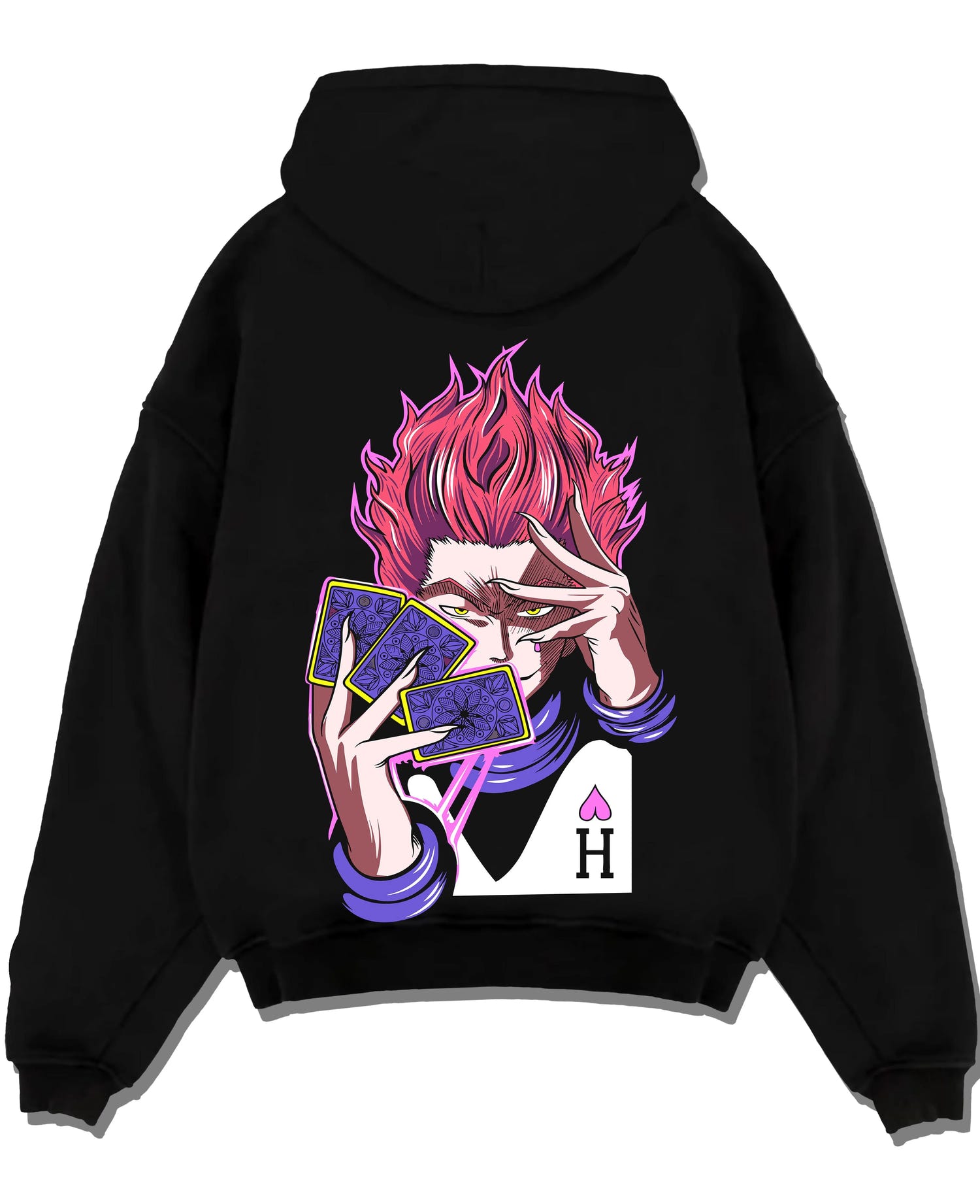 Black pullover hoodie laid flat with Hunter x Hunter Hoodie Hisoka Twisted Smile Jumper graphic premium wear.