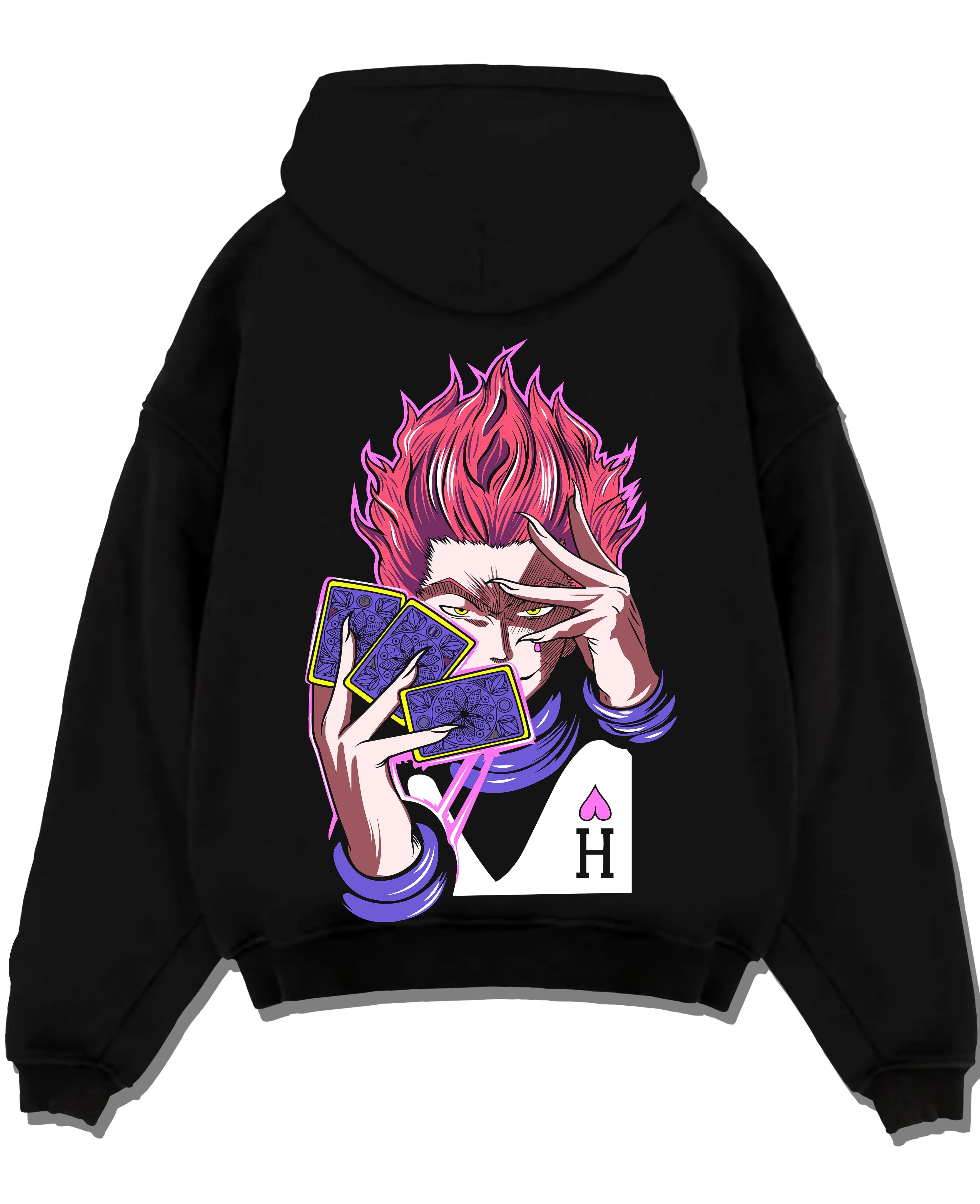 Black pullover hoodie laid flat with Hunter x Hunter Hoodie Hisoka Twisted Smile Jumper graphic premium wear.