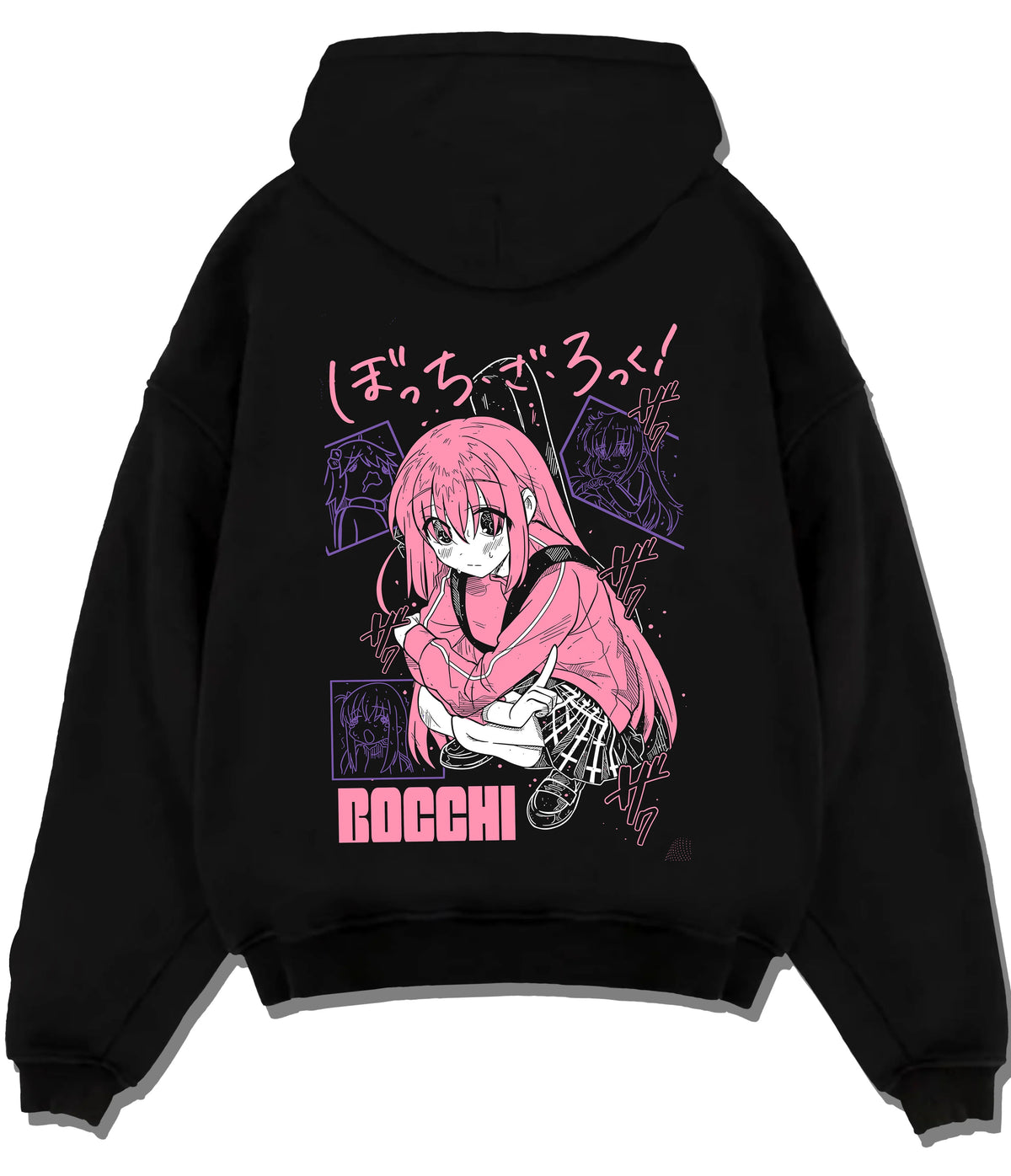Black hoodie flat back view showing Hitori Gotoh / Bocchi from Bocchi the Rock!: pink hoodie portrait
