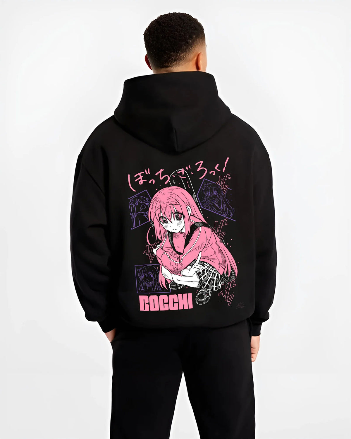 Black hoodie model back view showing Hitori Gotoh / Bocchi from Bocchi the Rock!: pink hoodie portrait
