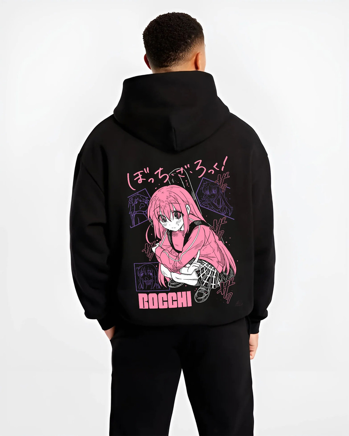 Black hoodie model back view showing Hitori Gotoh / Bocchi from Bocchi the Rock!: pink hoodie portrait
