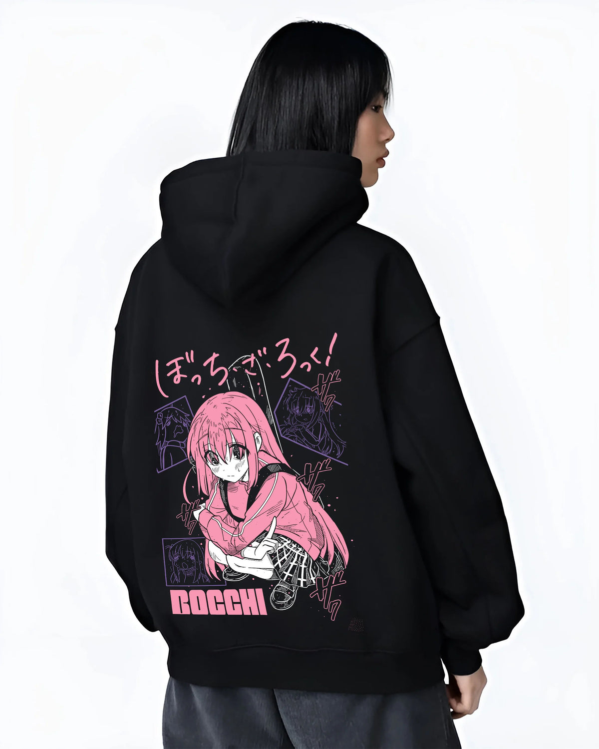 Black hoodie female model back view showing Hitori Gotoh / Bocchi from Bocchi the Rock!: pink hoodie portrait