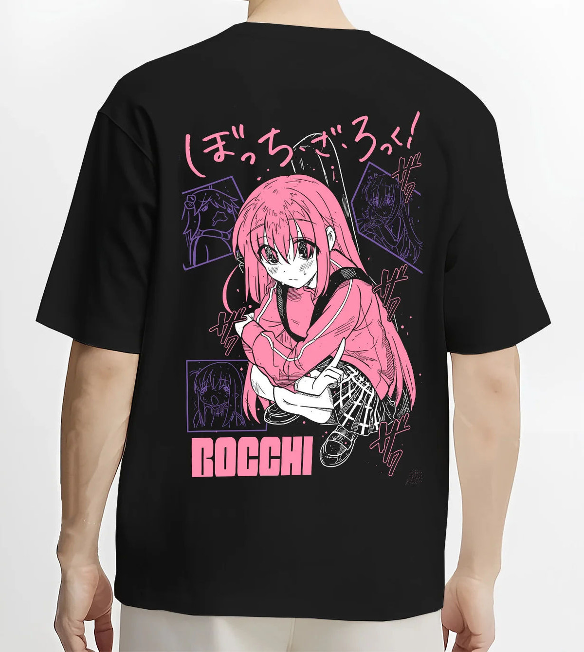 Black T-shirt model back view showing Hitori Gotoh / Bocchi from Bocchi the Rock!: pink hoodie portrait